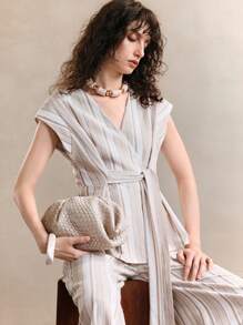 EMERY ROSE 女士梭织亚麻色织面料，时尚简约，优雅通勤，休闲，V领，打结，短袖上衣搭配阔腿裤，复古风女士，复古服装女士，米色和卡其色条纹两件套西装，全白，全白派对装女士 - 卡其色 - 查看 3