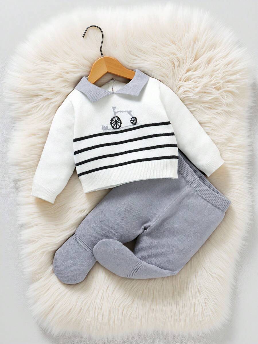 SHEIN 新生婴儿条纹毛衣套装，0-9 个月，休闲时尚风格，黑白灰色，开领，裆部按扣，领子，自行车印花，长袖针织毛衣和裤子 2 件套，柔软舒适，适合日常、外出、旅行、度假、居家、托儿所、儿童玩耍 - 白色 - 查看 1