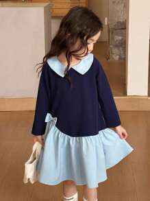 SHEIN Little Byeori 年轻女孩休闲优雅都市通勤学校宽松撞色蝴蝶结长袖衬衫裙两件套适合秋季、冬季、学校、毕业典礼、日常穿着、运动、度假、旅行