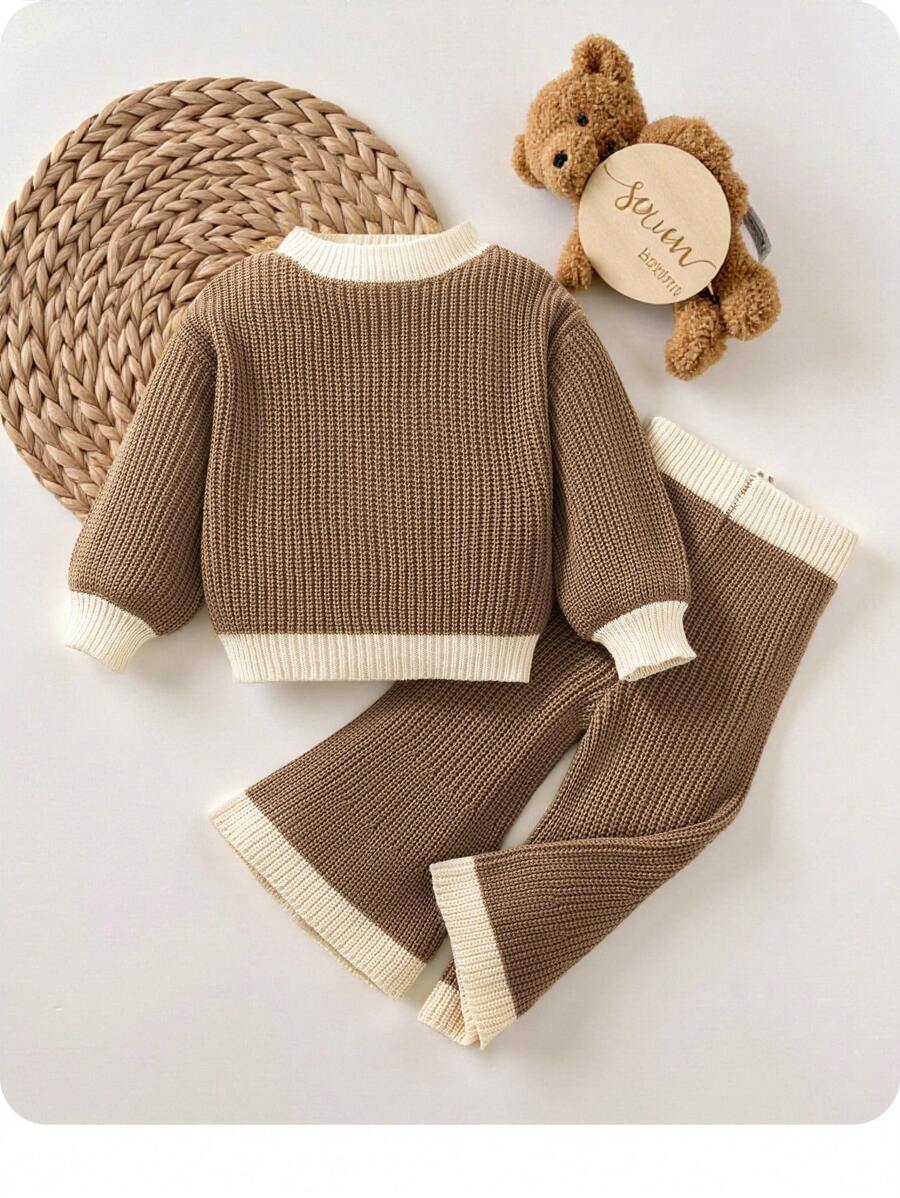 SHEIN 2 chiếc Áo len dệt kim Colorblock cho bé gái trên và eo đàn hồi Bộ quần dệt kim rộng, mùa thu & mùa đông - màu nâu - Xem 1