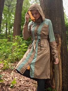 In My Nature Women's Contrast Color Long Sleeve Drawstring Waist Hooded Outdoor Rain Jacket Women's Color Block Casual Jacket Women Running Jacket Women Windbreaker Jacket Jacket Lightweight Coat Running Jacket Light Green And Brown Jackets Activewear Jacket, Color Blocking, Contrast Color Jackets, Sun-Protective Jackets, UV Protect Jackets, Sun-Proof, Summer, Fall Outdoor Hiking Jackets, Breathable Jackets Thermal Thick Warm Jacket