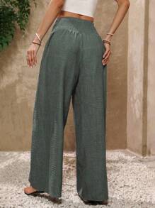 SHEIN PETITE 女士纯色系腰百褶休闲阔腿裤，度假风 - 綠色 - 查看 2