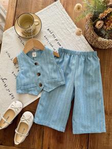 LMoss Kids LMoss Baby Girl Woven Solid Color Top And Loose Casual Long Pants Set - Blue - View 3