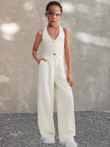 SHEIN Tween Girls Fall/Winter Basic Comfortable Lace Up Beige Top&Wide Leg Pants Sets, Two Pieces Outfits - Apricot - View 1