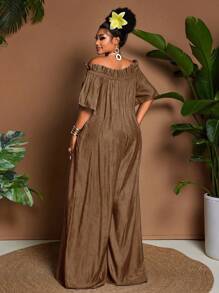 Maweii 大码夏季休闲宽松荷叶边露肩连体裤 - 棕色 - 查看 6