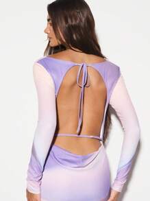 KIZN Long Sleeve Bodycon Midi Dress With Cowl Back Design Elegant Open Back Evening Side Slit Pastel Color Block Evening Party Holiday Cocktail Formal Dress