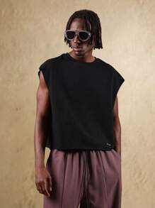 SUMWON 无袖背心，情感缺失图案印花，夏季节日毛边露脐肌肉宽松版型，街头风简约宣言休闲款 - 黑色 - 查看 2