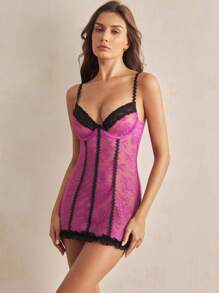 Charlaine Women's Romantic Sexy Sleepwear With Underwire, Princess Seam, Lace Patchwork, Contrast Color, Ruffle Hem, Lace, French/Italian Style - Purple - View 5