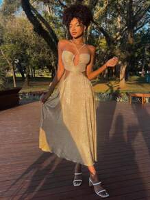 DAZY 女士度假风格细肩带露背婚纱女装 - 金色 - 查看 2