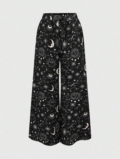 Pantalones de pierna ancha con estampado de luna creciente y estrellas en estilo hippie suelto, adecuados para vacaciones