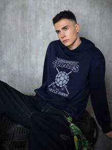 TEENAGE MUTANT NINJA TURTLES | SHEIN Men's Letter & Cartoon Graphic Pocket Hooded Long Sleeve Sweatshirt - Navy Blue - View 5