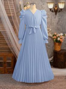 SHEIN Serisse Kids 青少年女孩休闲泡泡袖V领褶裥长裙 - 霧霾藍 - 查看 2