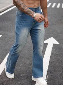 Manfinity Homme Retro Blue Slit Hem Design Jeans, Fashionable & Slim Fit Straight Leg Flared Pants For Men - Blue - View 3