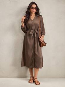 Wildy 美式乡村休闲度假棕色开衫系带中长连衣裙，适合女性，乡村音乐会服装，棕色连衣裙，翻领连衣裙，系带连衣裙，长袖连衣裙，亚麻连衣裙，棕色连衣裙，女教师服装，优雅女装，秋季女装，棕色连衣裙，橄榄绿半身裙 - 軍綠色 - 查看 5