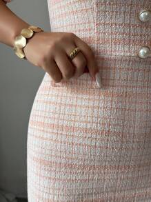 Elenzga Plaid Pattern Square Neck Puff Sleeve Split Back Bodycon Dress - Orange - View 6