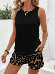 EMERY ROSE Bộ 2 món phong cách tối giản thường ngày, màu đen trơn, cỡ lớn dành cho nữ, gồm áo tank top cổ tròn và quần short họa tiết da báo màu nâu, thích hợp cho mùa hè. - màu đen - Xem 2