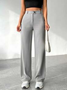 SHEIN EZwear 女士純色直腳休閒褲 - 灰色 - 查看 5