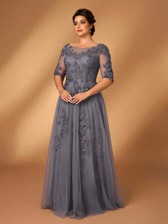 Serin Vestido de lujo con contraste de encaje y malla, línea A y dobladillo, de manga 3/4 y cuello redondo, color gris, estilo romántico y elegante, tallas grandes, apto para fiesta de noche, cita, baile de graduación, fiesta solteros, festival de música, vacaciones, boda, vestido de madre de la novia