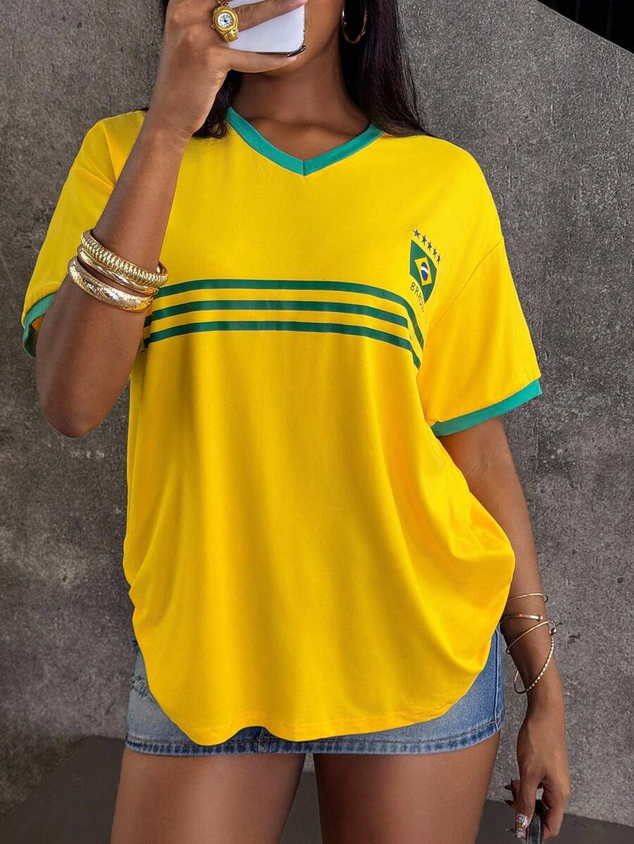 INAWLY Women Brazilian Print Short Sleeve Casual T-Shirt, Summer Graphic Tees Women Tops - Multicolor - View 1