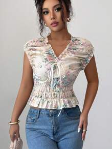 Elenzga Áo cánh thắt nơ cổ chữ V thêu hoa rỗng ở eo - Màu be - Xem 6