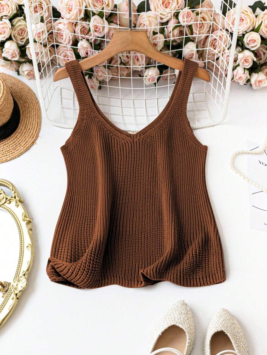 SHEIN Unity Plus Solid Ribbed Knit Top - Rust Brown - View 1
