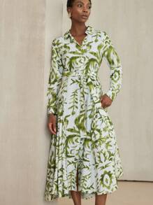 Aveloria Modichic Elegant Olive Green Floral Print Linen Dress For Women,Autumn Tea Party Holiday Bohemian Style,Long Sleeve Button Front Waist Tie Bamboo Nodes Dress - Multicolor - View 2