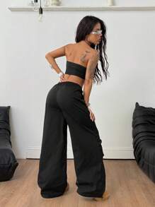 Coolane 女士夏季运动装街头服饰外出简约基本款日常装黑色针织筒形工装裤两件套服装