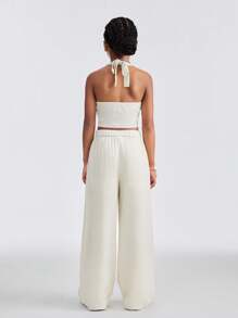 SHEIN Tween Girls Fall/Winter Basic Comfortable Lace Up Beige Top&Wide Leg Pants Sets, Two Pieces Outfits - Apricot - View 2