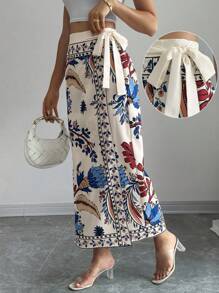 Elenzga Gonna lunga a portafoglio con stampa floreale e vita annodata, stile vacanziero di moda per le donne - Multicolore - Visualizzare 3