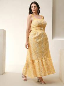 Anewsta 优雅荷叶边下摆镂空刺绣收腰A字连衣裙，浅黄色，适合海滩和度假穿着 - 黃色 - 查看 3