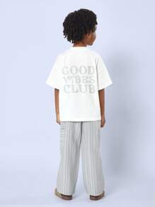 SUMWON Conjunto de camiseta y pantalones a rayas de 'Good Vibes Club' para niños, conjunto informal de verano cómodo de dos piezas con pantalones de cintura elástica