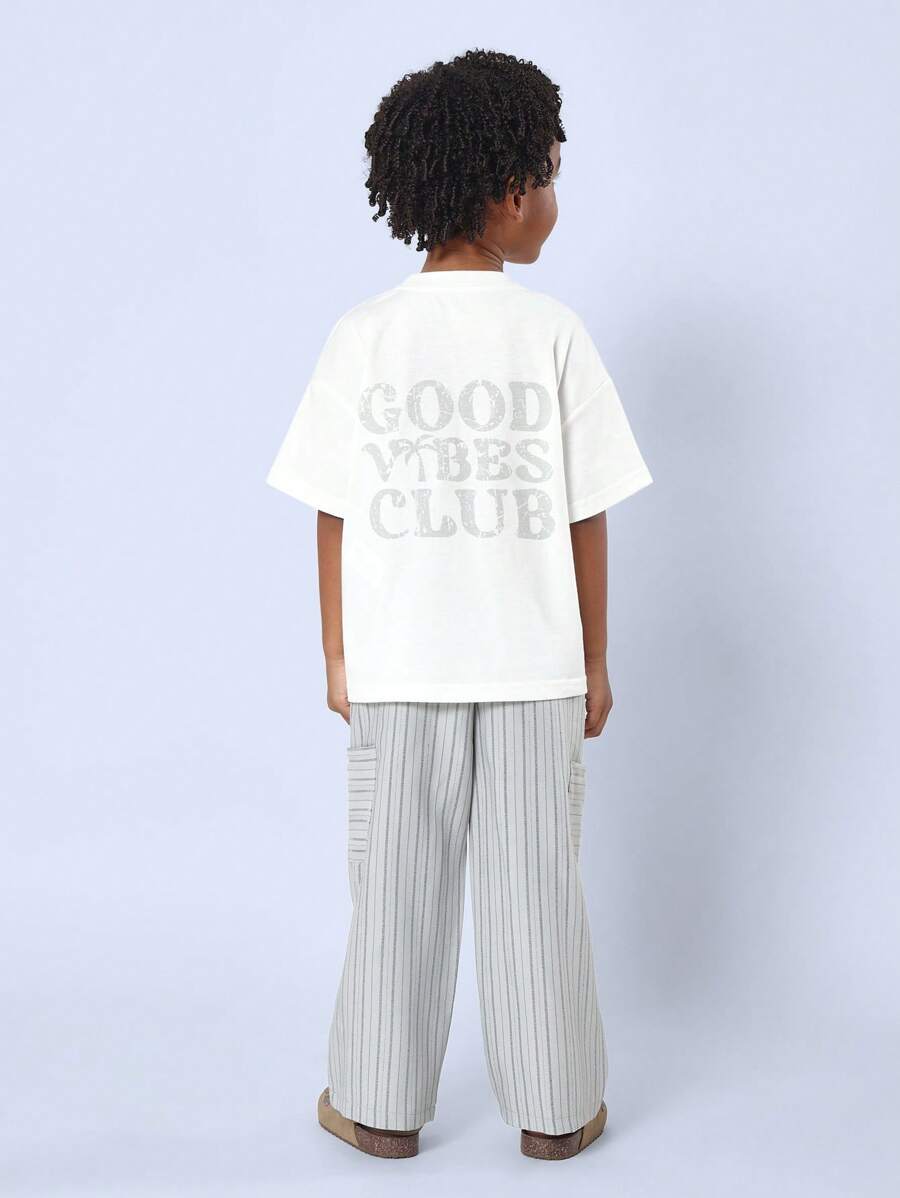 SUMWON Conjunto de camiseta y pantalones a rayas de 'Good Vibes Club' para niños, conjunto informal de verano cómodo de dos piezas con pantalones de cintura elástica