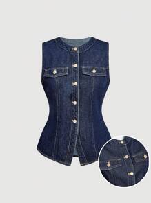 SHEIN MOD 女式休闲街头时尚翻盖细节修身无袖牛仔上衣，夏季