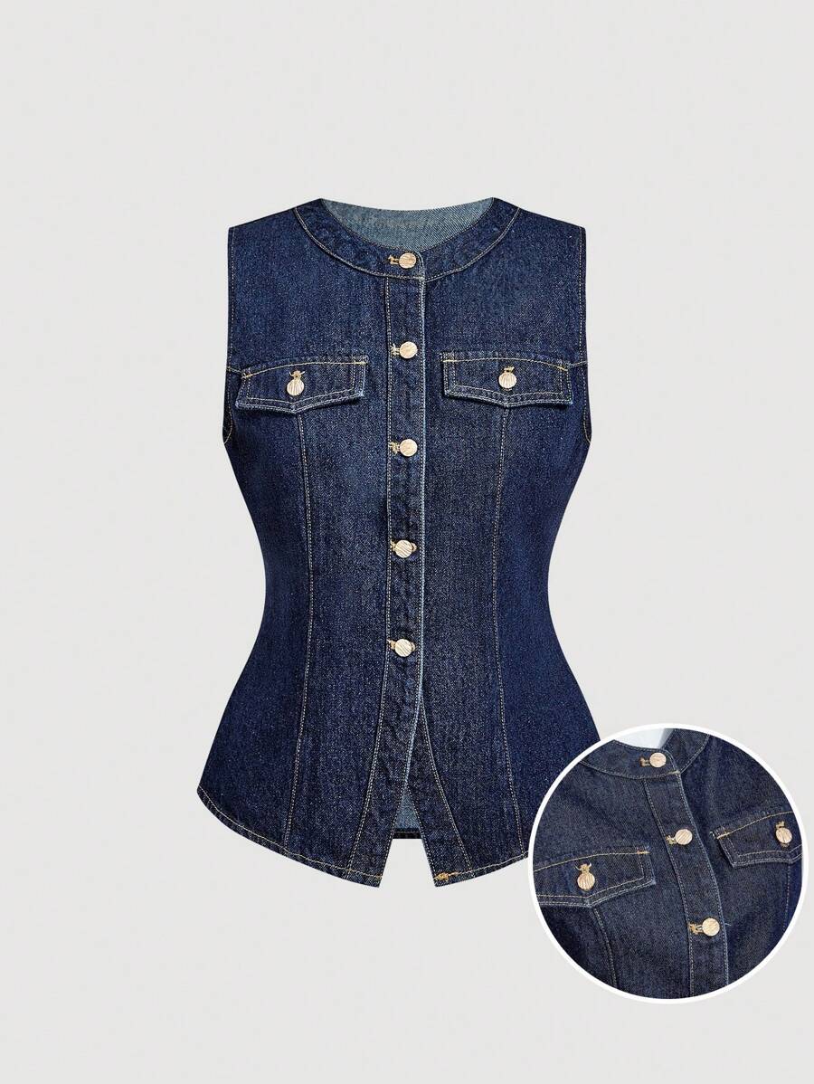 SHEIN MOD 女式休闲街头时尚翻盖细节修身无袖牛仔上衣，夏季