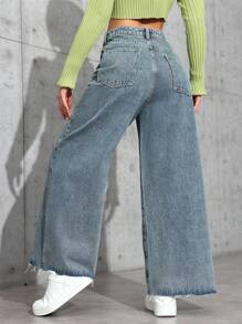 SHEIN ICON Vaqueros rectos de pierna con lavado de borde casual - Azul lavado oscuro - Ver 2