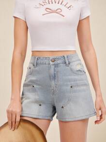 WESTFADE Quần short jean cạp cao may theo phong cách phương Tây, chất liệu denim cotton 91%, dài, viền tua rua, dành cho kỳ nghỉ bãi biển ngày 4 tháng 7 mùa hè - Rửa nhẹ - Xem 5