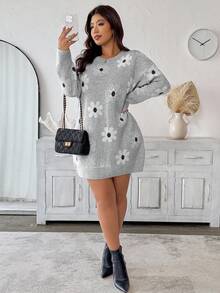 EMERY ROSE Plus Size Women Floral Pattern Round Neck Drop Shoulder Long Sleeve Knitted Dress Winter Fall Autumn - Grey - View 5