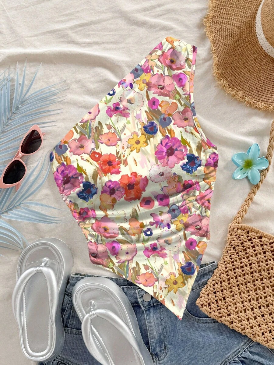 Soleia Áo crop top hở lưng in họa tiết hoa giản dị dành cho nữ, thích hợp cho kỳ nghỉ hè - Nhiều màu - Xem 1