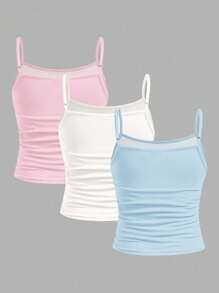 SHEIN 3pcs/Set Tween Girls Tropical Floral & Beach Themed Fitted Camisole Tops, White, Light Pink, Light Blue Tween Girls Tank Tops Girls Summer Tank Tops Cute Summer Tops For Girls Cute Girls Beach Tops Tween Tank Tops For Summer, School, Campus, College - Multicolor - View 2