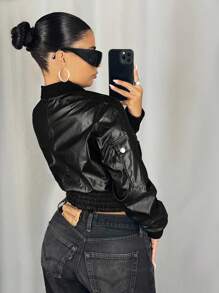 SHEIN ICON Áo khoác da PU tay dài có khóa kéo cổ đứng, dây rút tiện dụng cho nữ, quần áo thu đông dành cho nữ - màu đen - Xem 2