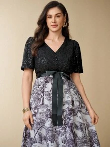 Flouryn Đầm dài vừa phải in họa tiết ren chắp vá cổ chữ V thanh lịch cho nữ cỡ lớn - Nhiều màu - Xem 5