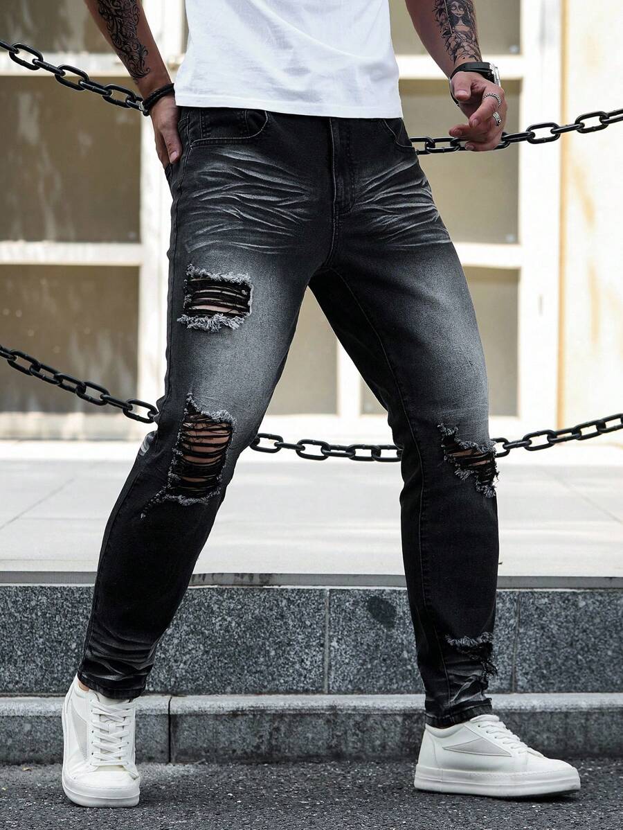 Manfinity LEGND Quần Jeans Skinny Denim Rách Túi Đơn Giản Cho Nam - màu đen - Xem 1