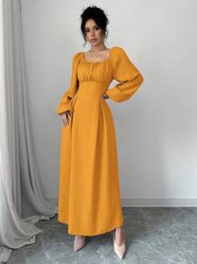 Modelyn Women's Elegant Long Dress With Square Neck, Lantern Sleeves, Pleats, And Back Tie, Solid Color, For Autumn Maxi Women Outfit Long Evening Dresses
