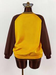 Amplova 宽松撞色拼接插肩袖运动衫，学院风女式秋冬装 - 黃色 - 查看 4