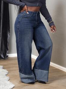 Slaydiva 大码女式口袋宽松阔腿休闲百搭牛仔裤 - 深色水洗藍 - 查看 2