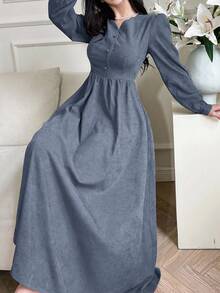 Feyla Women Elegant Solid Color Puff Sleeve Dress - Blue - View 4