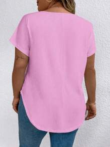 EMERY ROSE Plus Size Casual Versatile Minimalist Solid Color Curved Hem T-Shirt, Summer - Pink - View 2