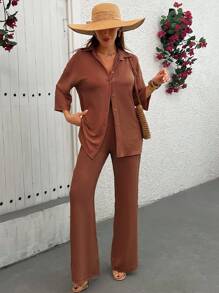 SHEIN Conjunto de dos piezas con blusa de corte holgado y pantalón para mujer