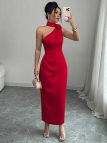 SHEIN PETITE Elegant Crinkle Satin Color Dressing Apricot Color French Vacation Dress, Ruched Waist Bodycon Dress, Fashionable Asymmetric Sleeveless Sash Dress