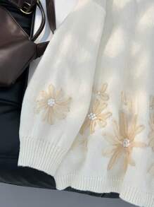 Firerie Plus Size Elegant French Embroidery Color Block Fancy Knitted Pullover Sweater Top For Women Fall/Winter - Beige - View 7